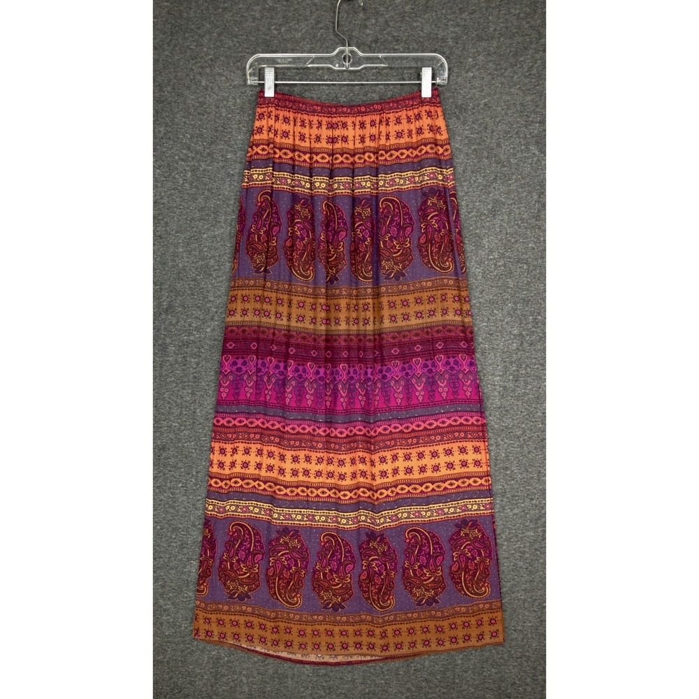 Y2K TOTOnKO Maxi Skirt Women's 10 Pink Orange Paisley Hippie Boho Elastic Waist